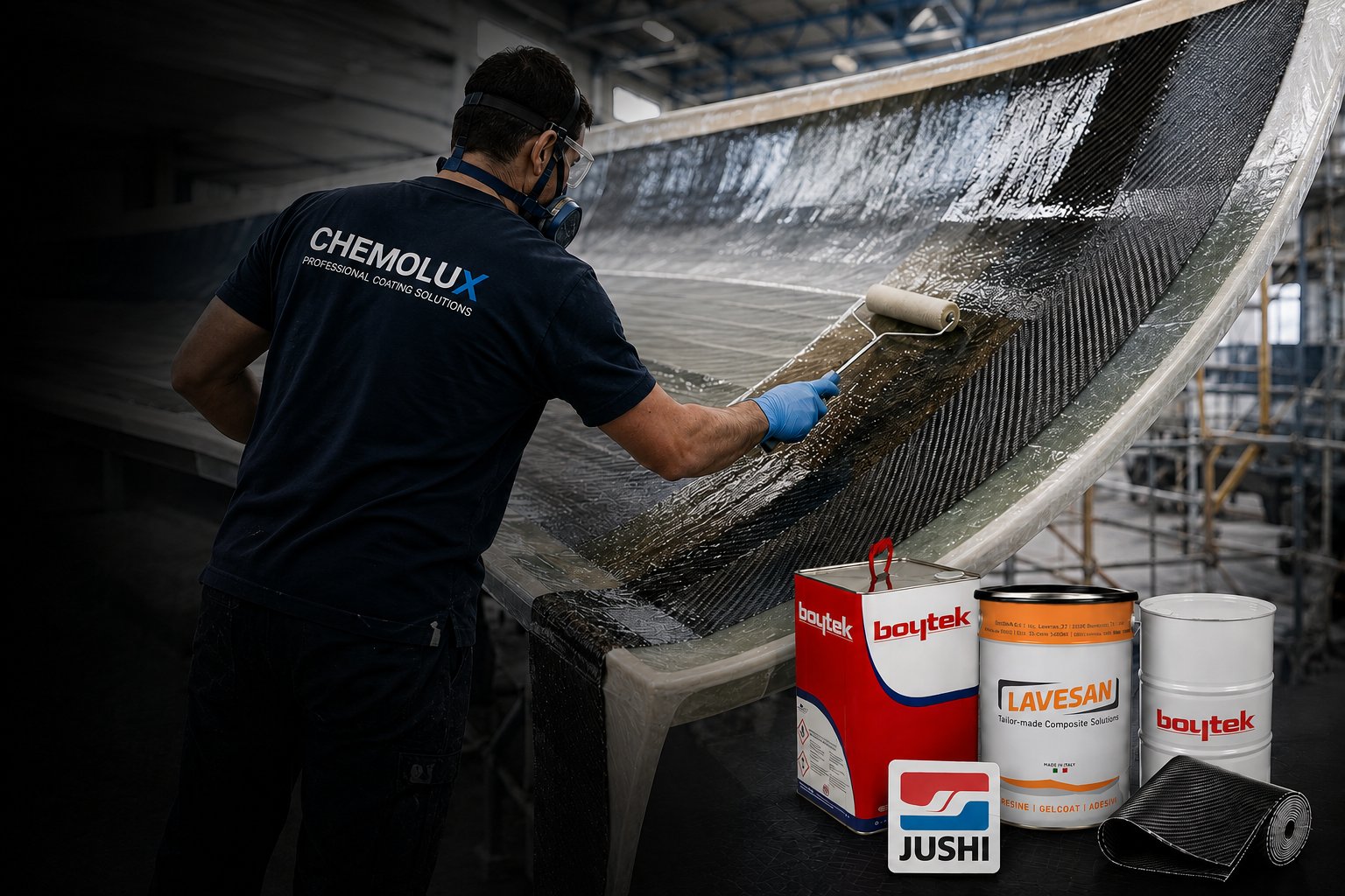 Laminieren eines Bootsrumpfs mit Carbonfaser