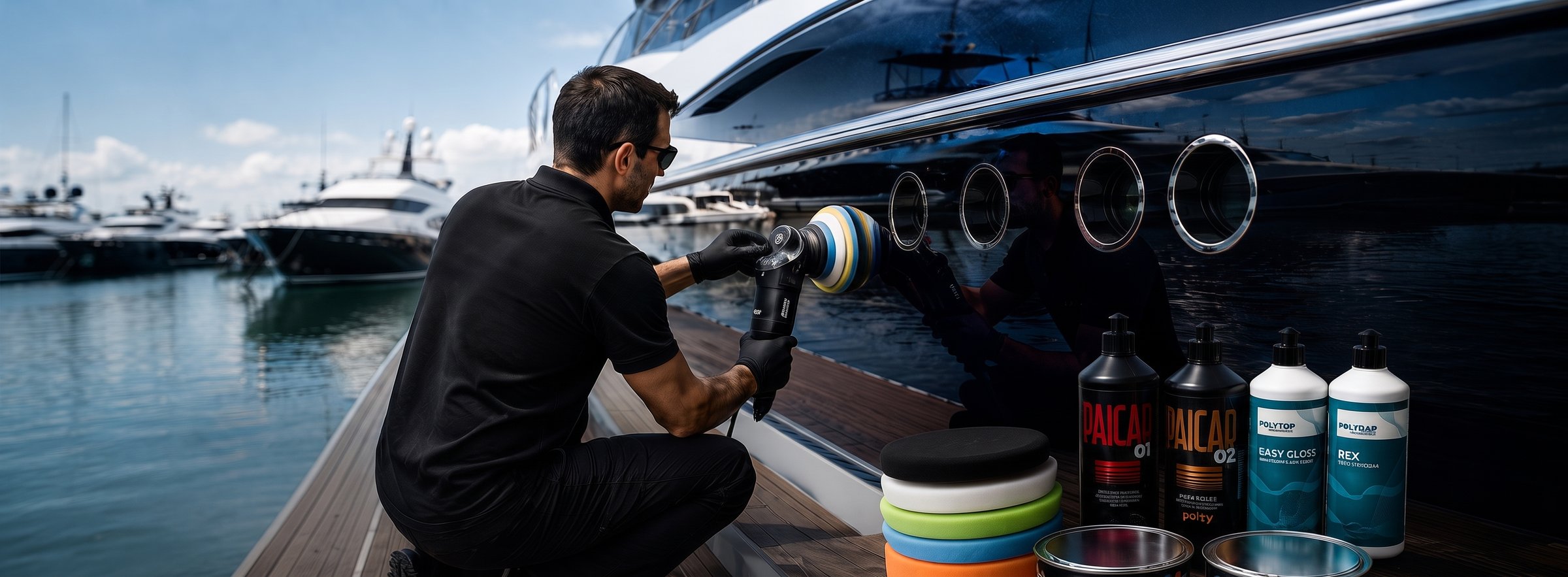 Professional hull polishing of a yacht at its berth