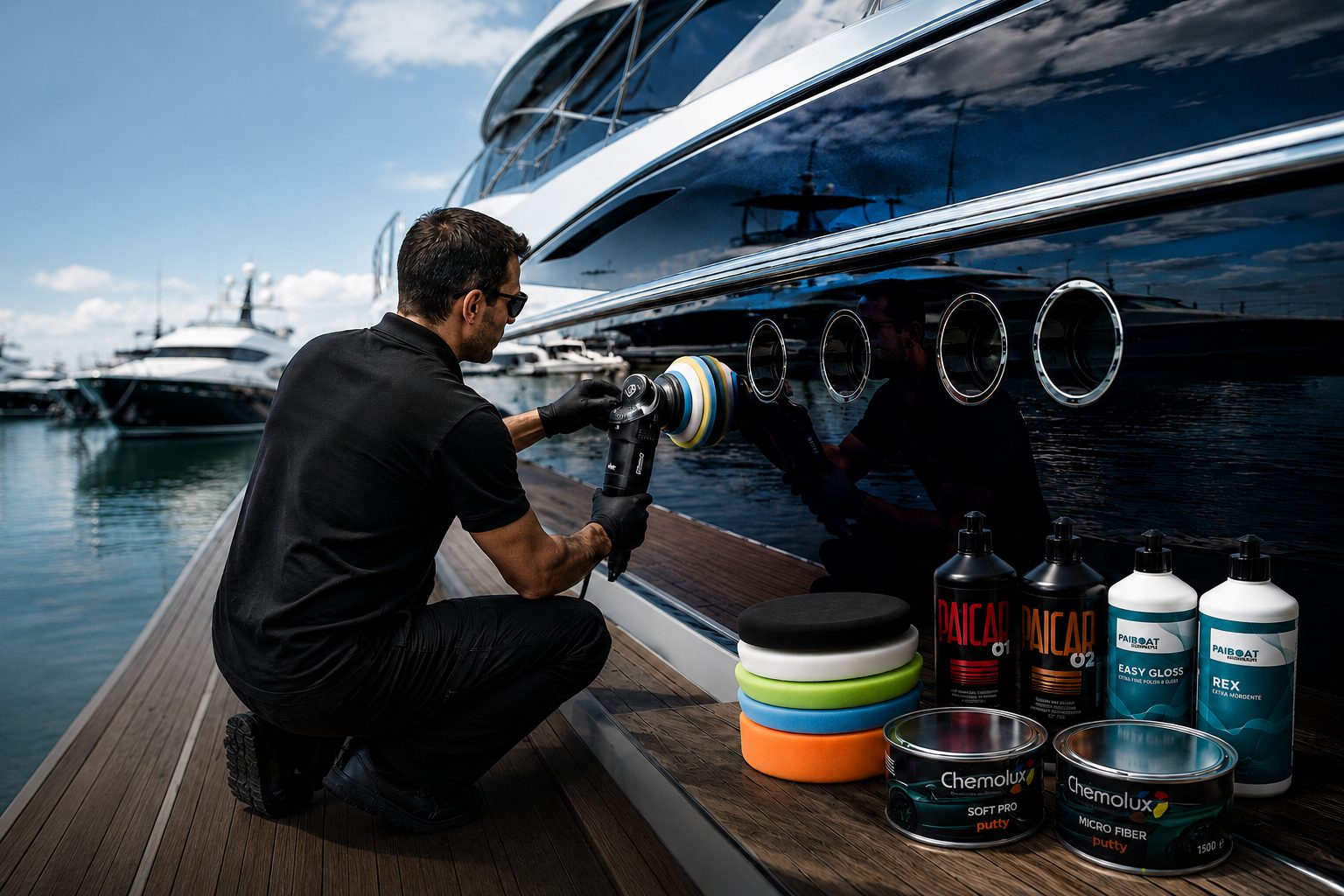 Professional hull polishing of a yacht at its berth